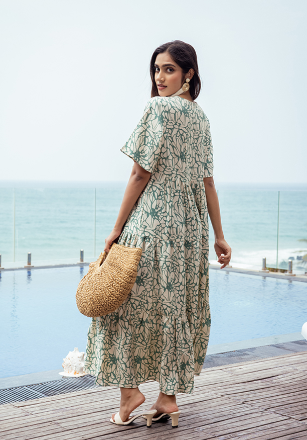 JENNY V NECK GREEN & WHITE DRESS